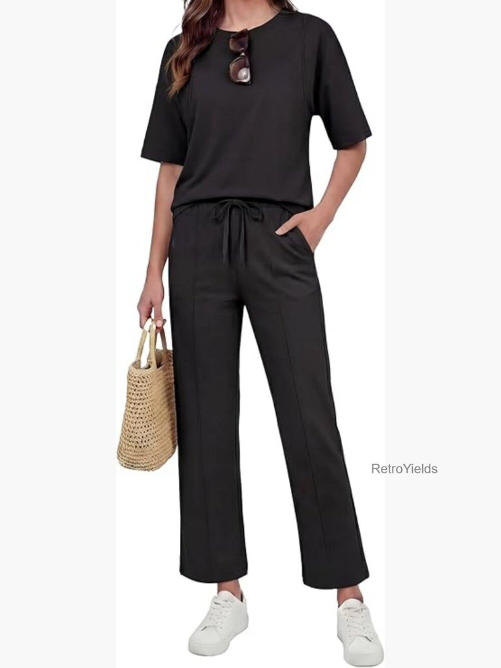 Short Sleeve Wide Leg Lounge Set Two Piece Vacation Travel Outfit